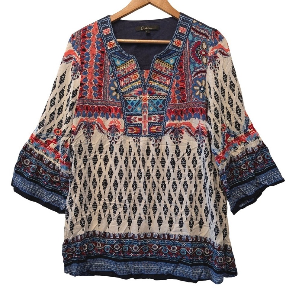 Caleasa Navy Blue Embroidered V-Neck Ikat Floral Boho Tunic Top Large - Picture 2 of 16